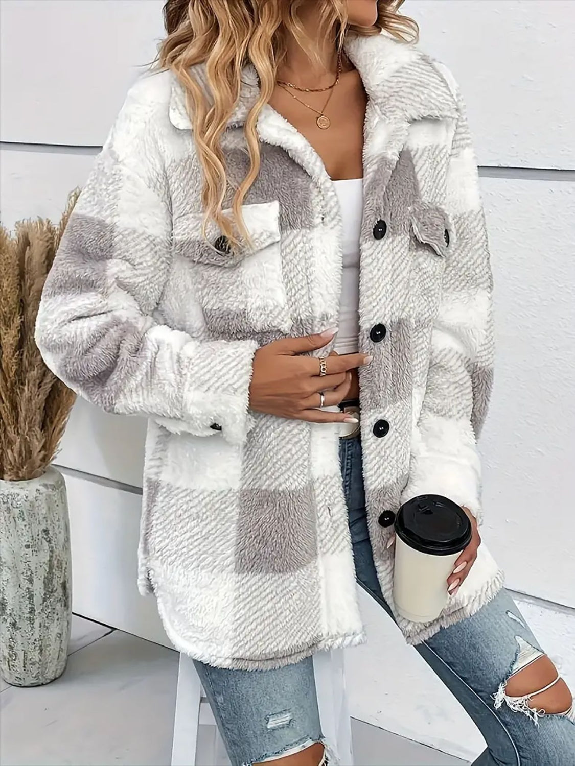 Plaid Dropped Shoulder Long Sleeve Plush Coat