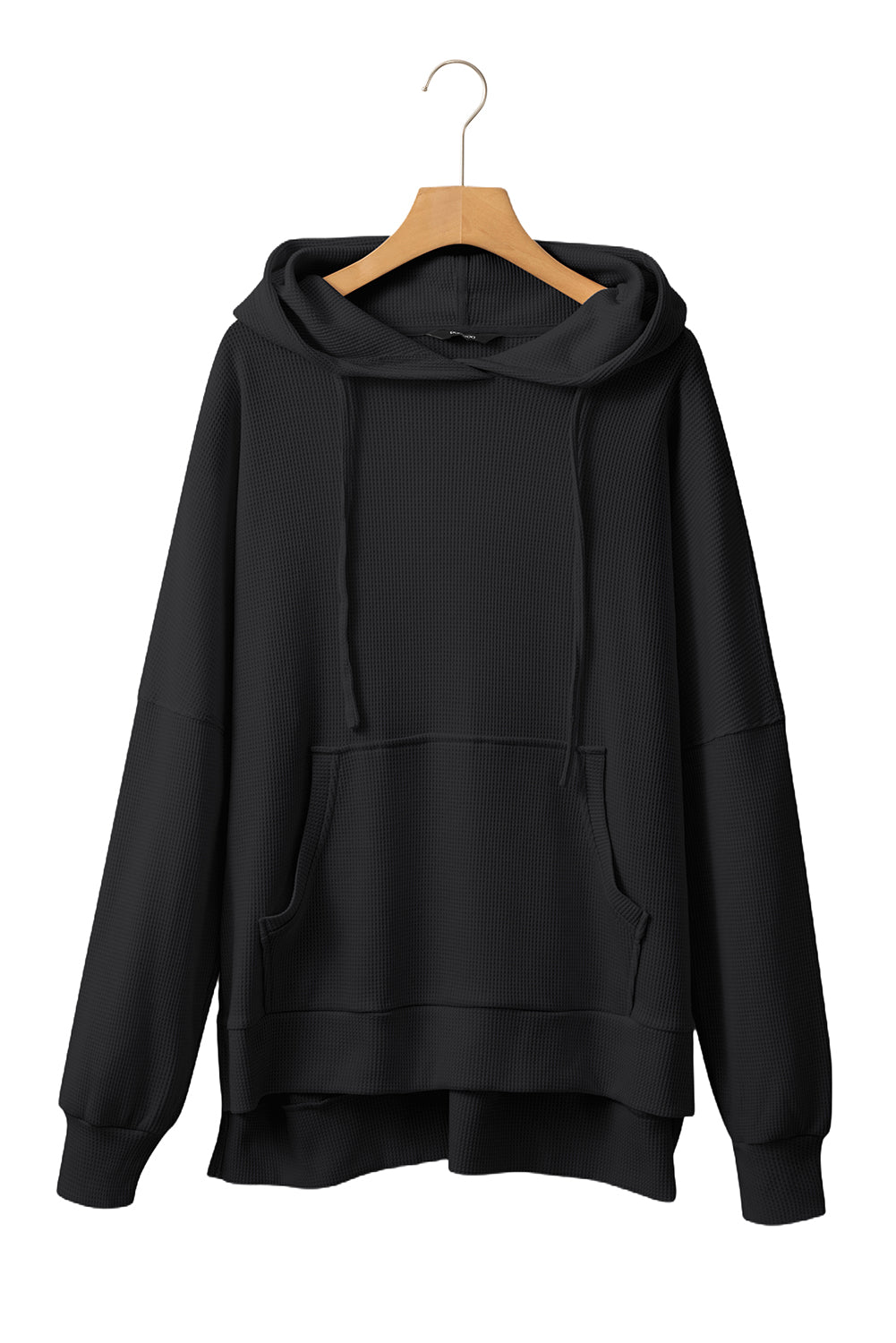 Black Waffle Knit High Low Oversized Hoodie