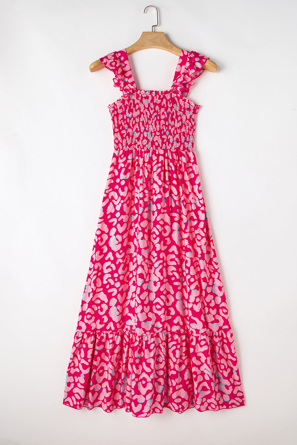 Rose Leopard Ruffle Straps Smocked High Waist Maxi Dress