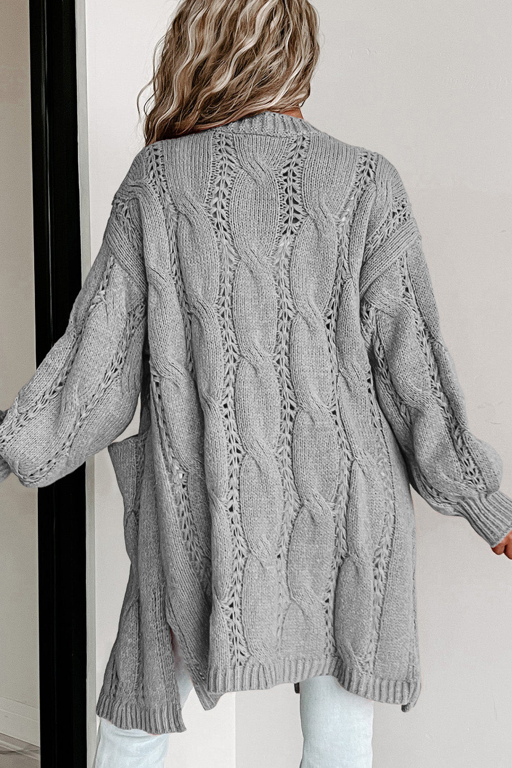 Apricot Ribbed Trim Hollow Knit Side Slits Cardigan