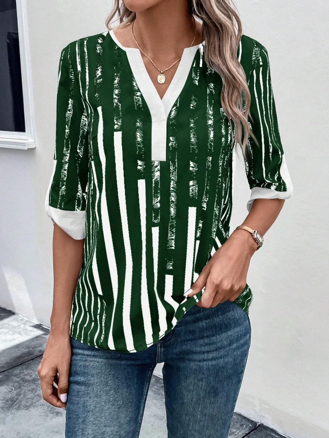 Striped Notched Half Sleeve Blouse