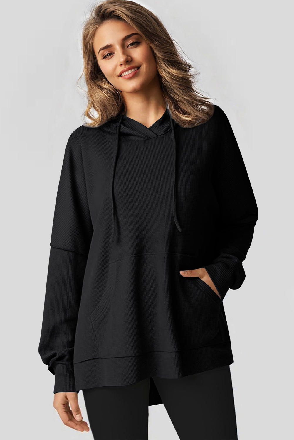 Black Waffle Knit High Low Oversized Hoodie