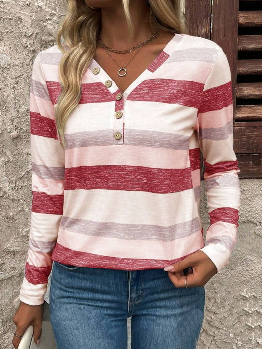 Contrast Striped V-Neck Long Sleeve T-Shirt