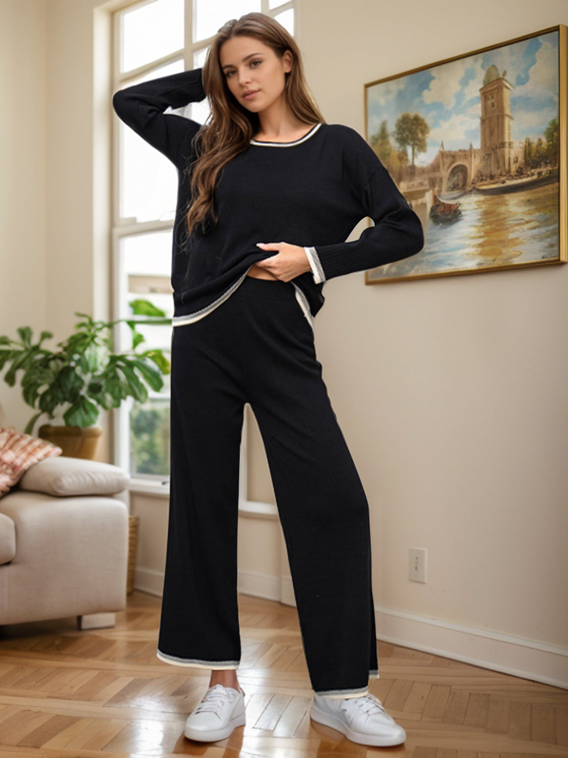 Contrast Trim Round Neck Top and Pants Sweater Set