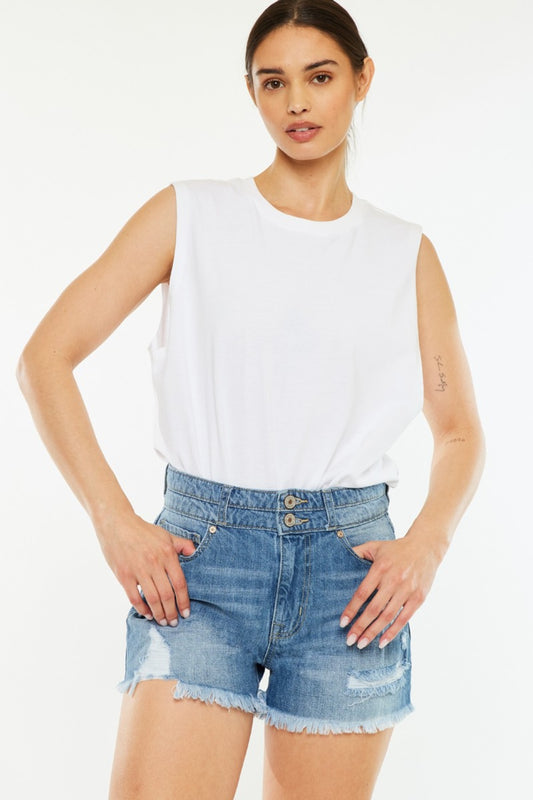 High Rise Raw Hem Denim Shorts