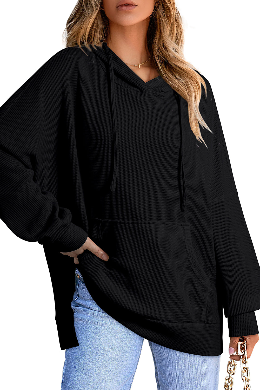 Black Waffle Knit High Low Oversized Hoodie