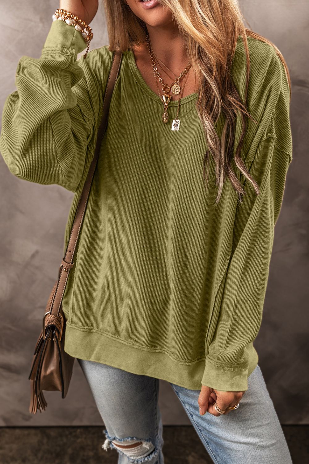 Textured Round Neck Long Sleeve Sweatshirt