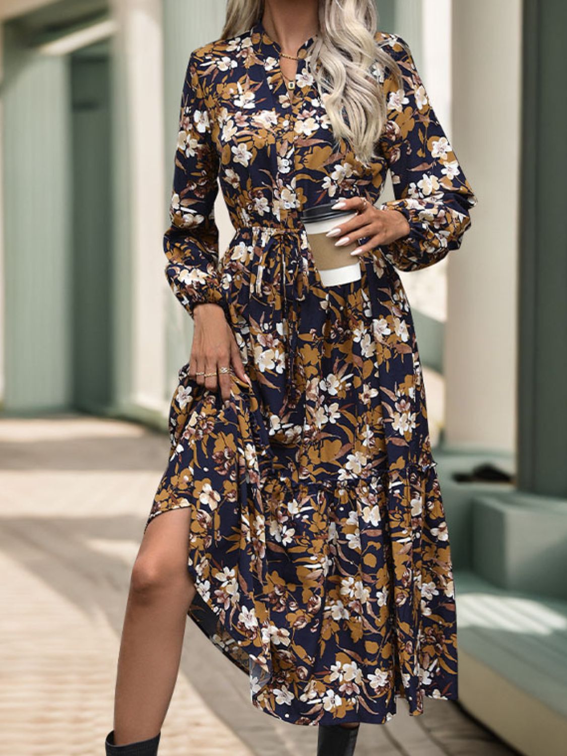 Printed Notched Long Sleeve Midi Dress