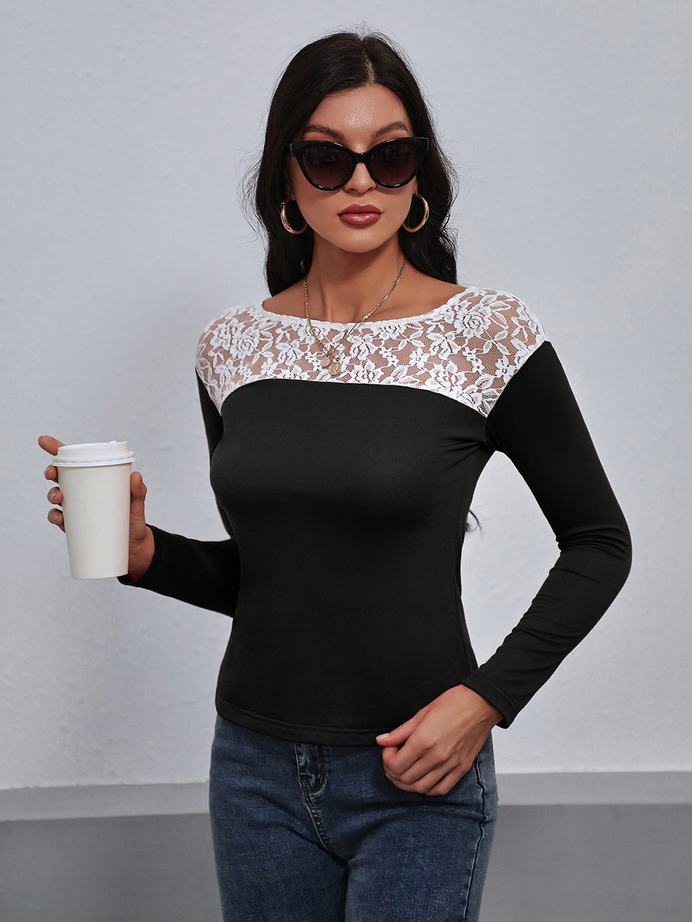 Ivy Lane Lace Trim Long Sleeve Round Neck Tee