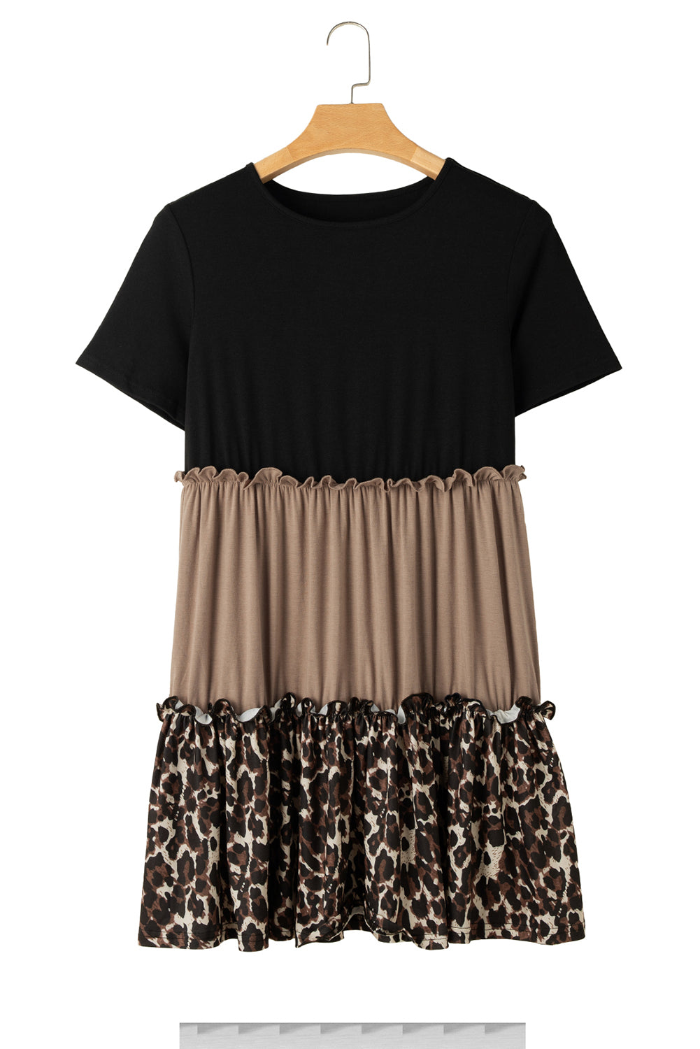 Light French Beige Leopard Print Colorblock Frill Trim T-shirt Dress