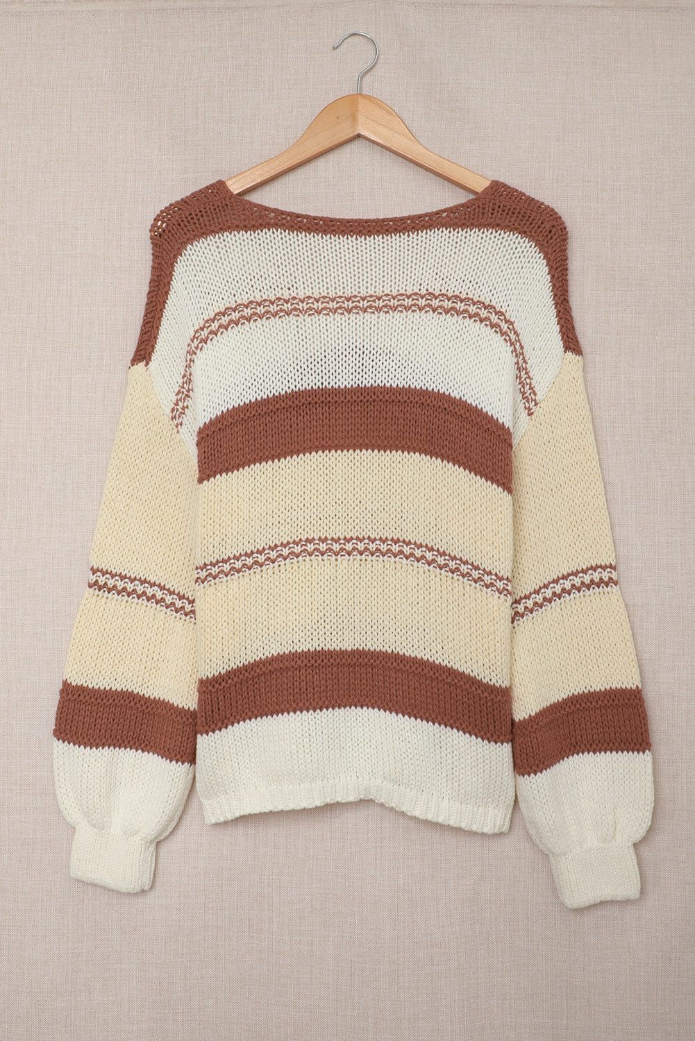 Red Colorblock Casual V Neck Knit Pullover Sweater