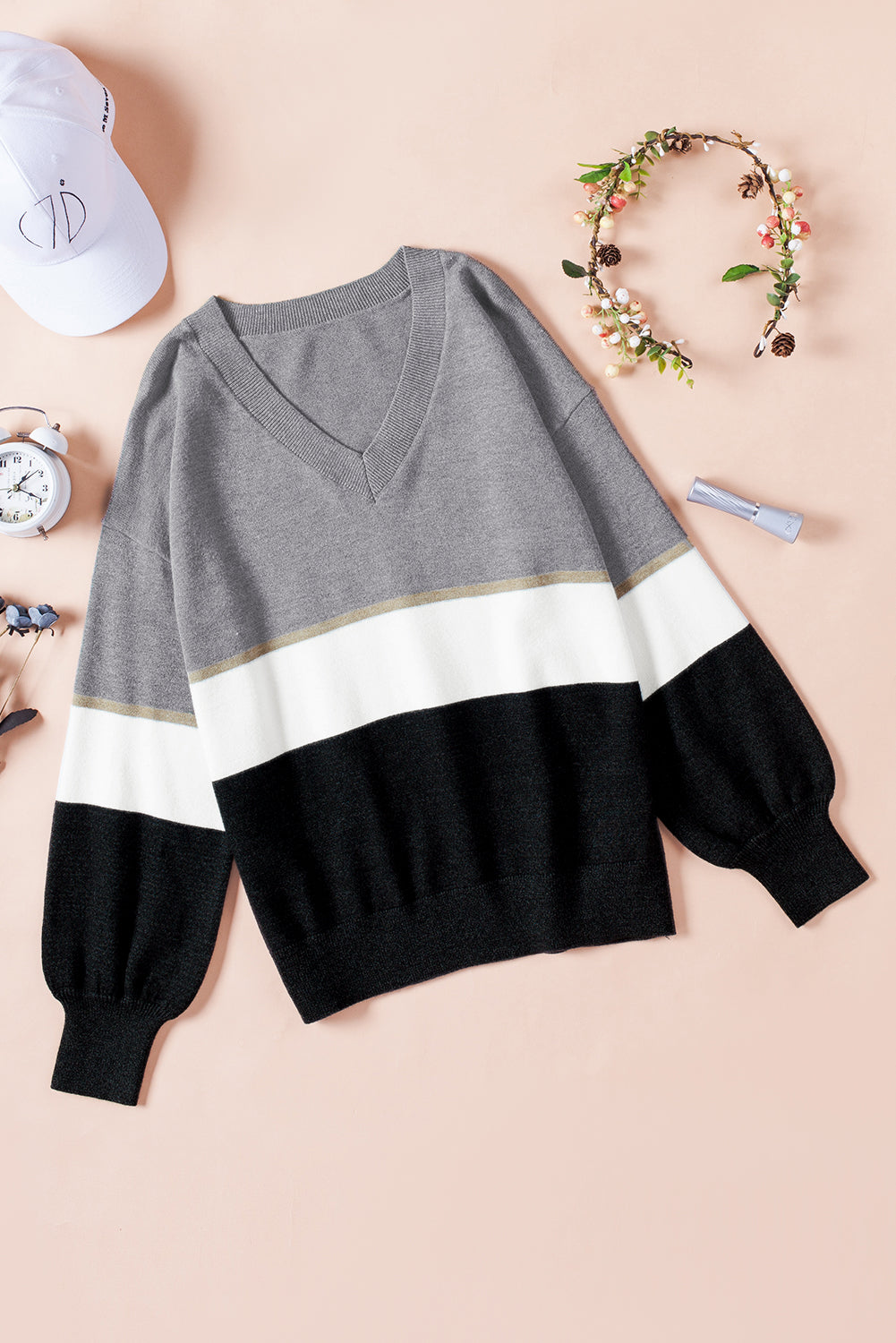 Color Block V Neck Long Sleeve Sweater