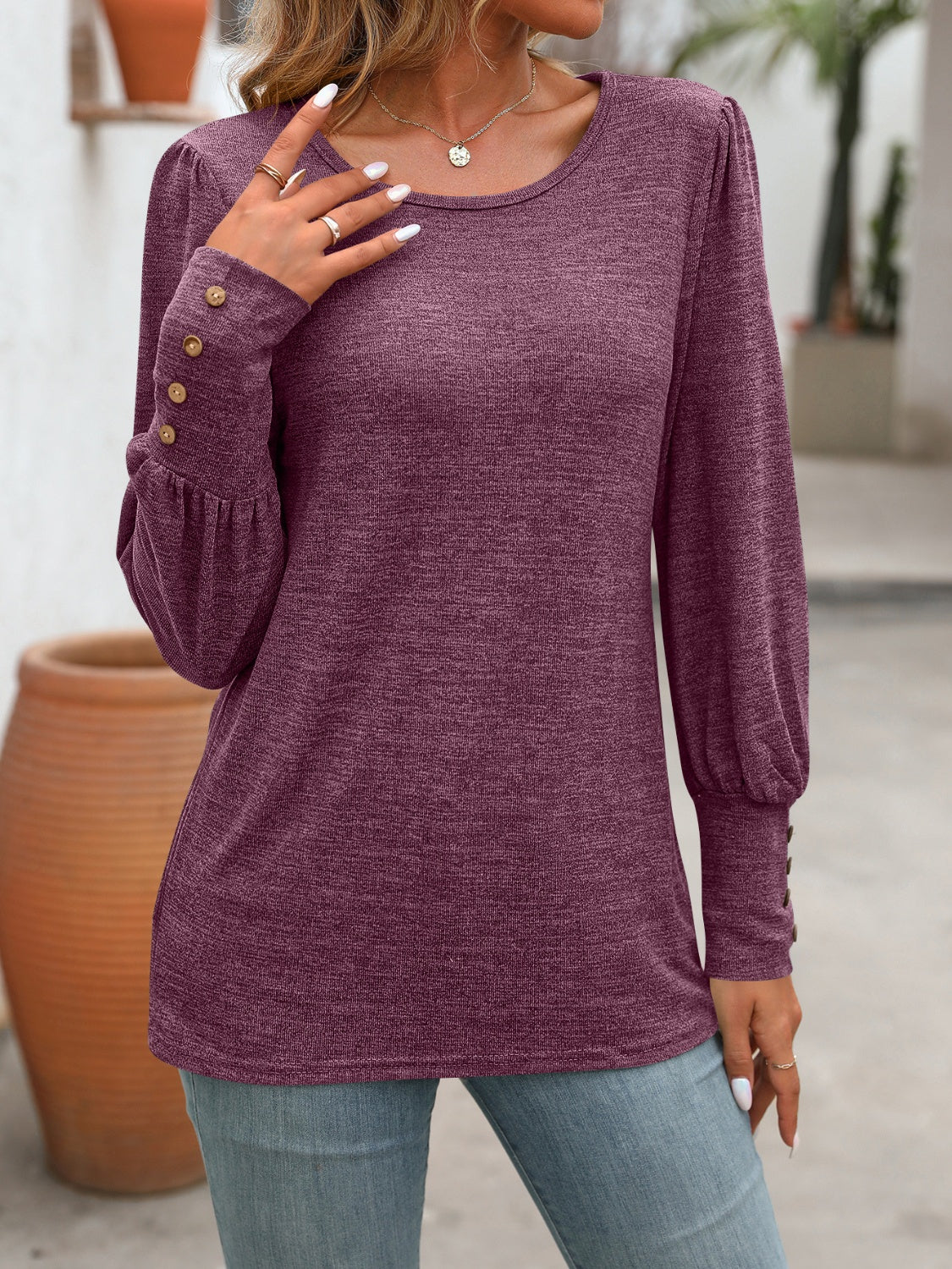 Decorative Button Round Neck Long Sleeve T-Shirt