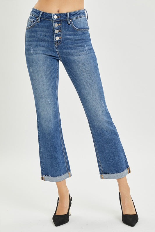 Button Fly Cropped Bootcut Jeans