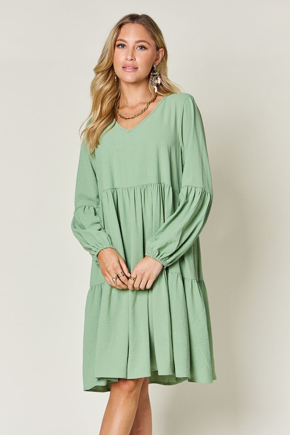 V-Neck Balloon Sleeve Tiered Dress