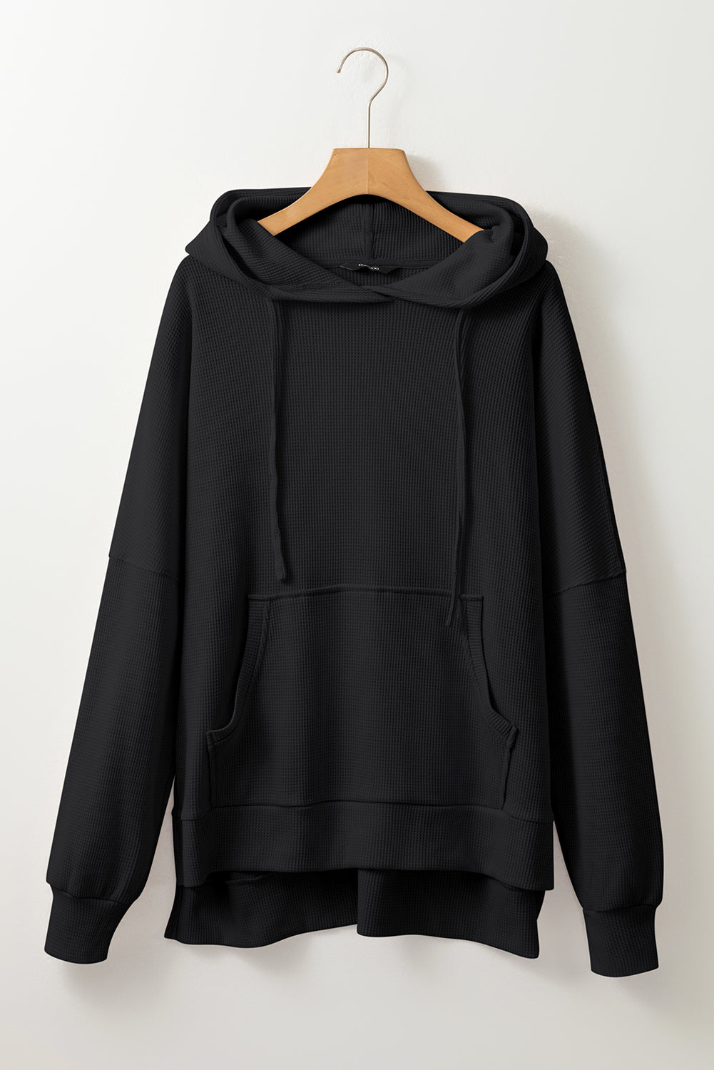 Black Waffle Knit High Low Oversized Hoodie