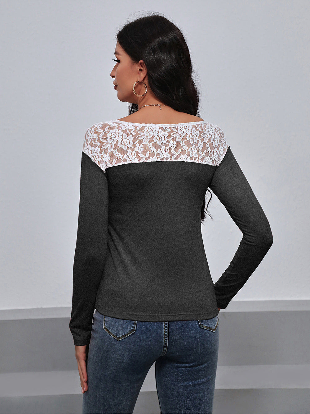 Ivy Lane Lace Trim Long Sleeve Round Neck Tee