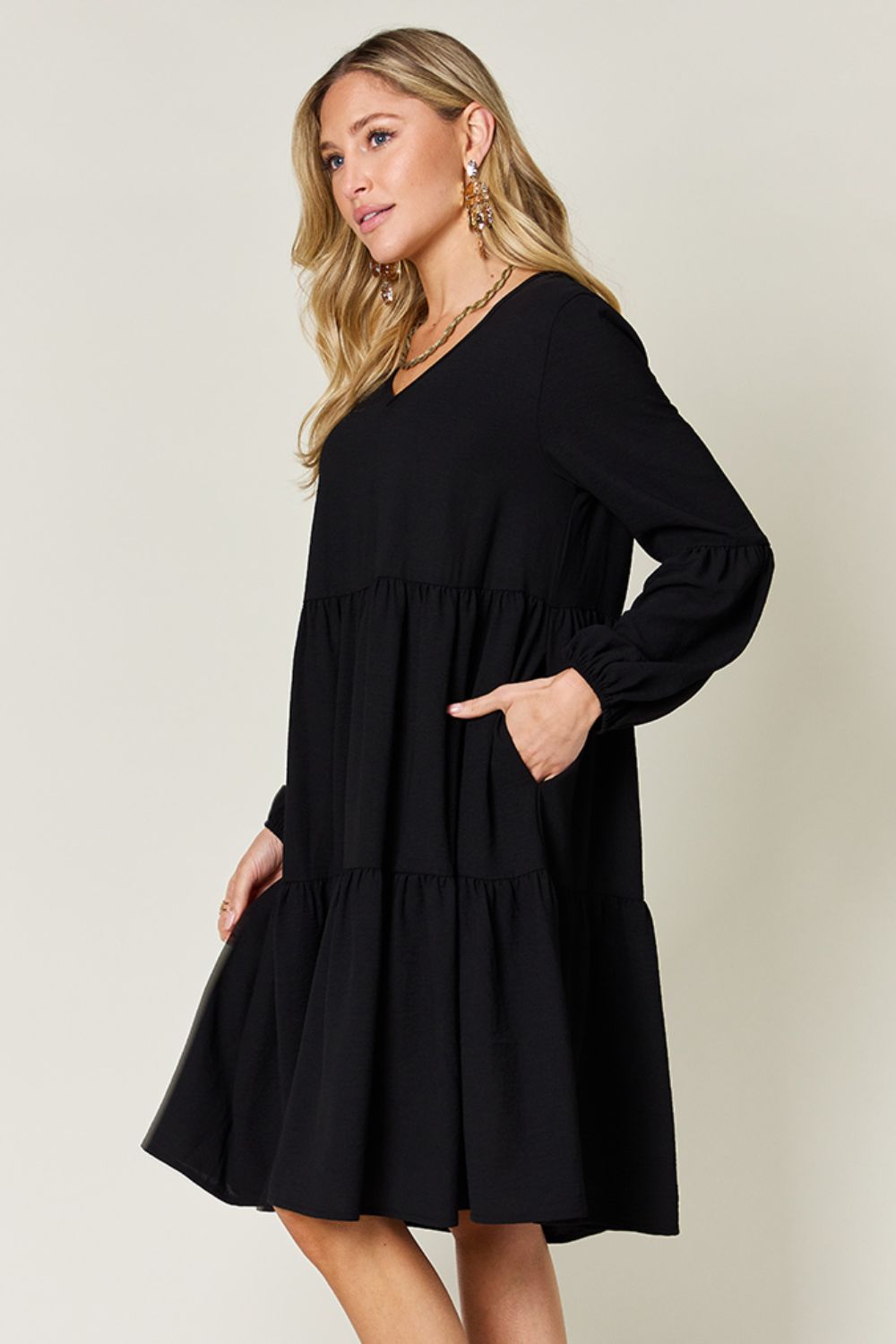 V-Neck Balloon Sleeve Tiered Dress