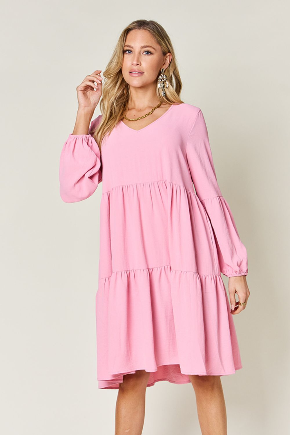 V-Neck Balloon Sleeve Tiered Dress