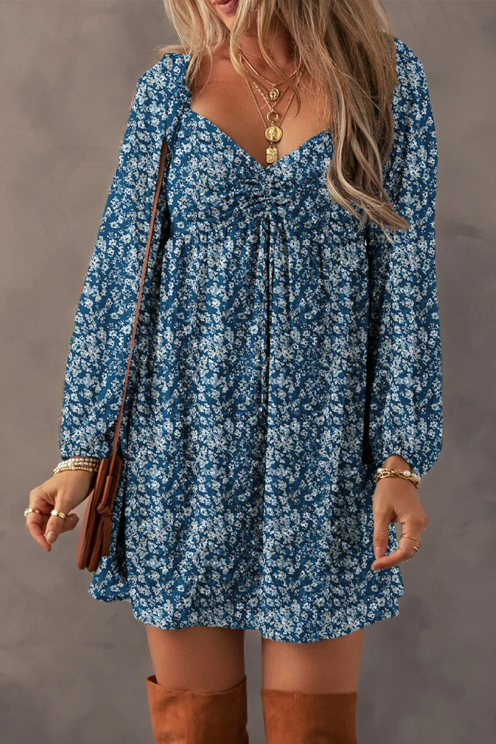 Ruched Printed Long Sleeve Mini Dress