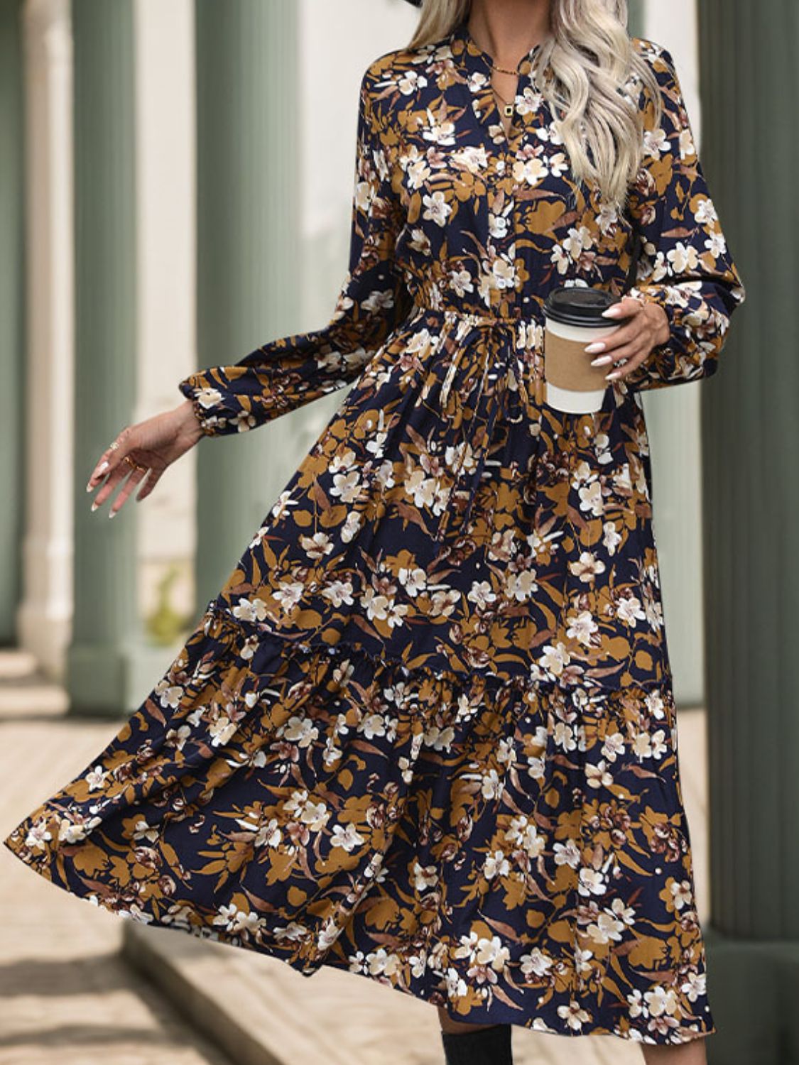 Printed Notched Long Sleeve Midi Dress