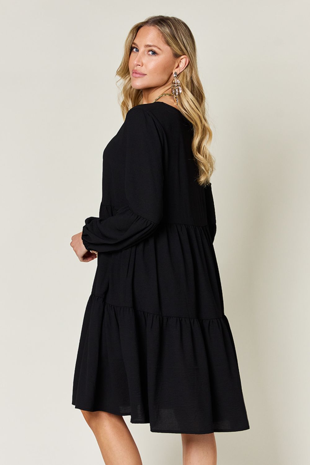 V-Neck Balloon Sleeve Tiered Dress