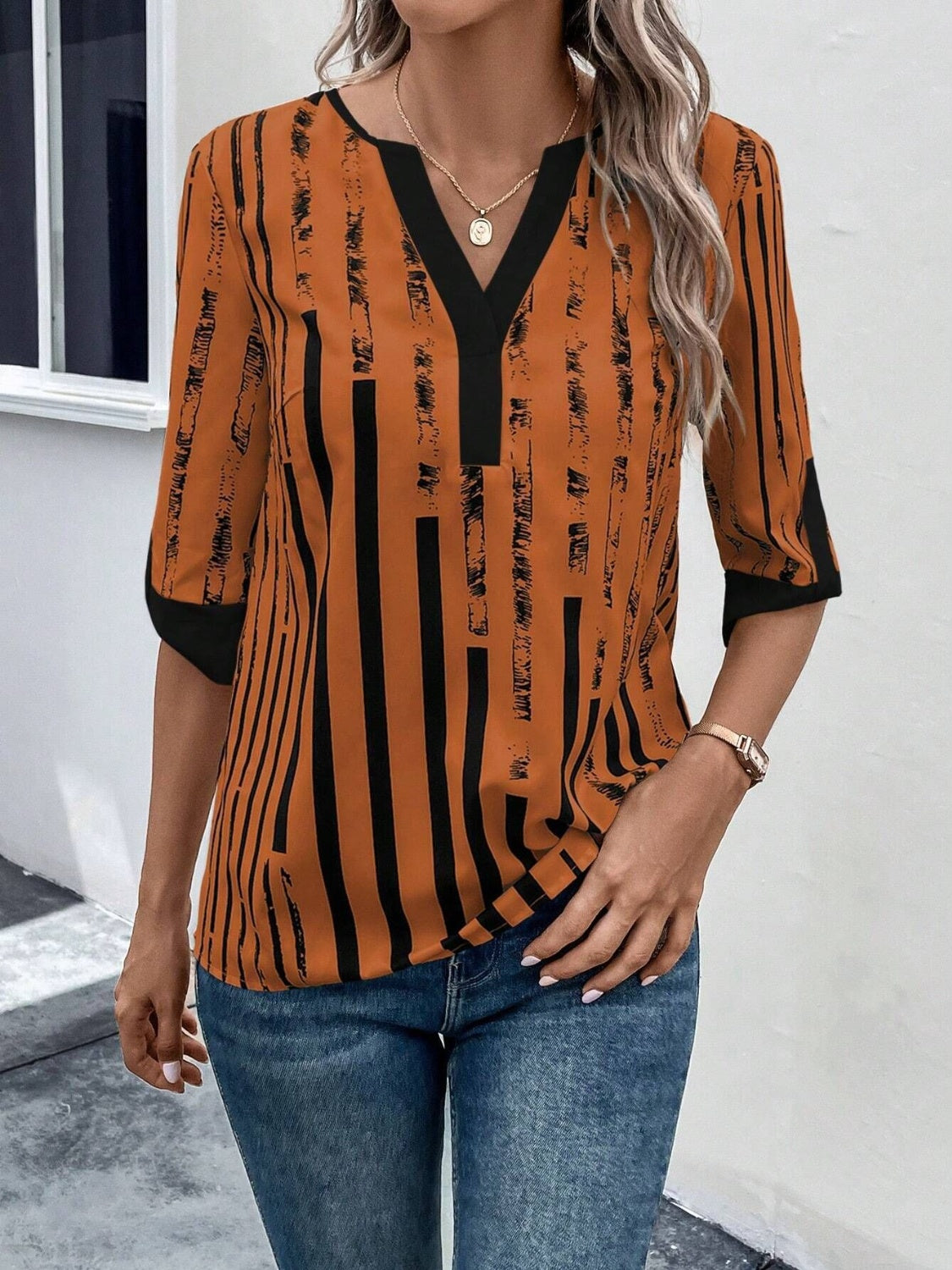 Striped Notched Half Sleeve Blouse