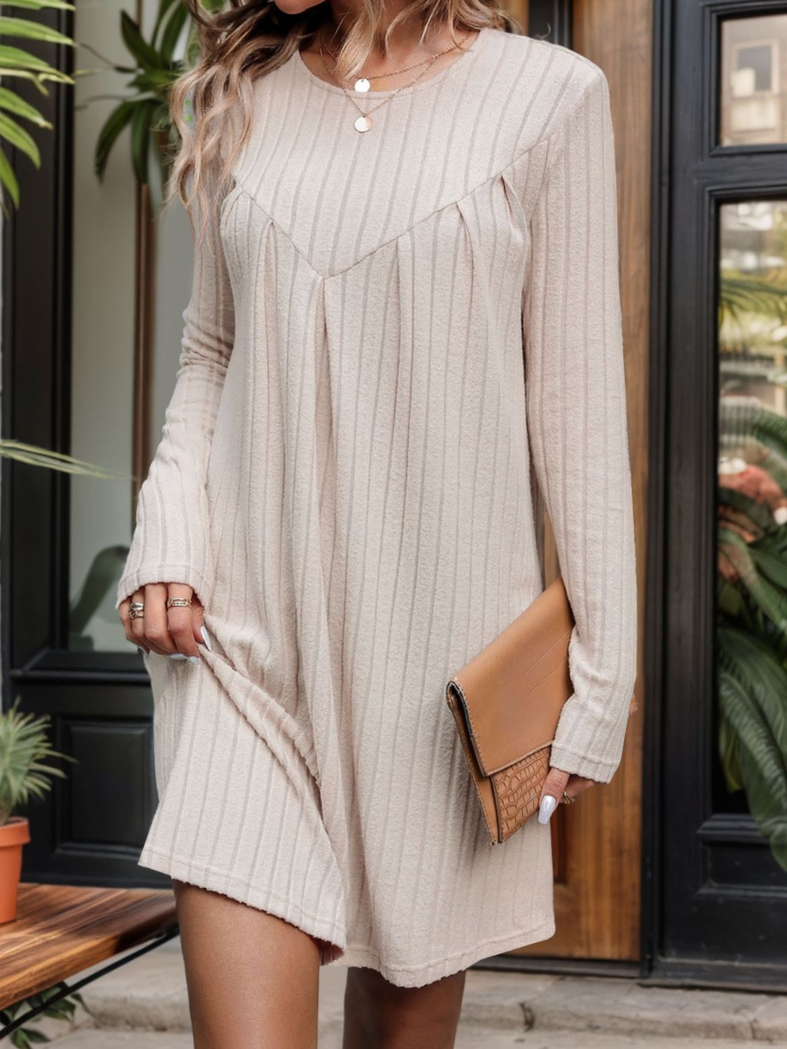 Round Neck Long Sleeve Mini Dress