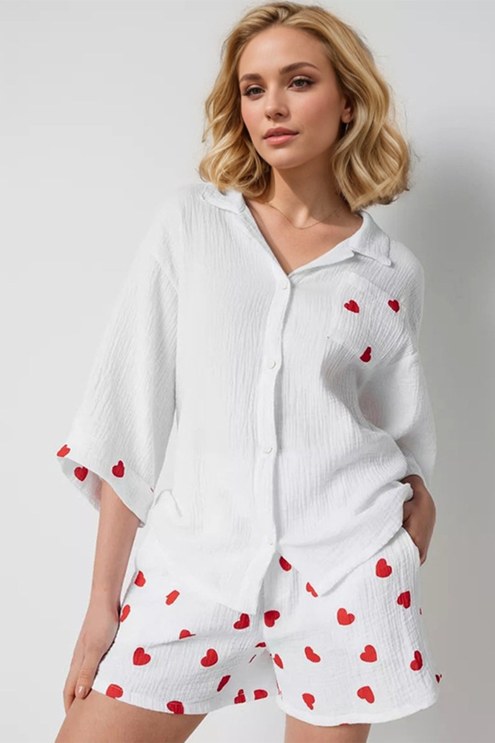 Basic Bae Heart Collared Neck Button Down Top and Shorts Set