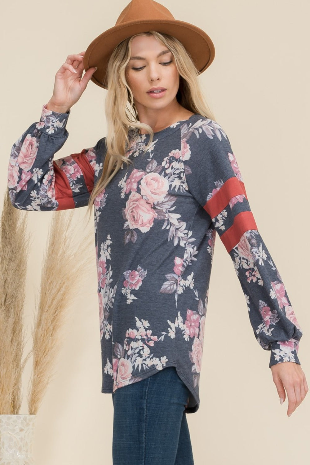 Floral Curved Hem T-Shirt with Stripe Detail