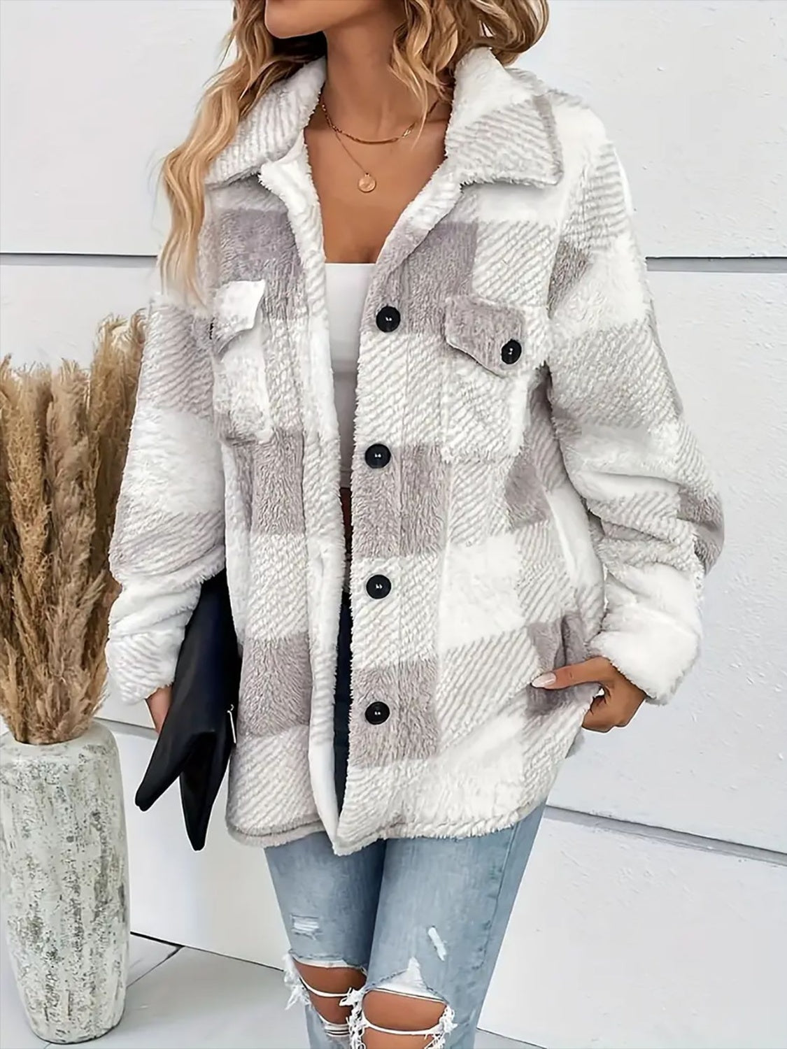 Plaid Dropped Shoulder Long Sleeve Plush Coat