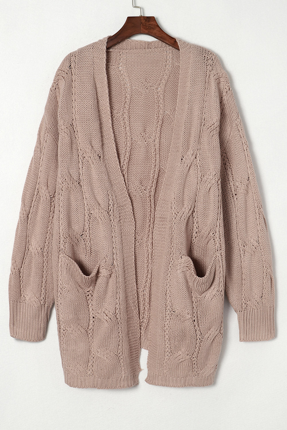 Apricot Ribbed Trim Hollow Knit Side Slits Cardigan