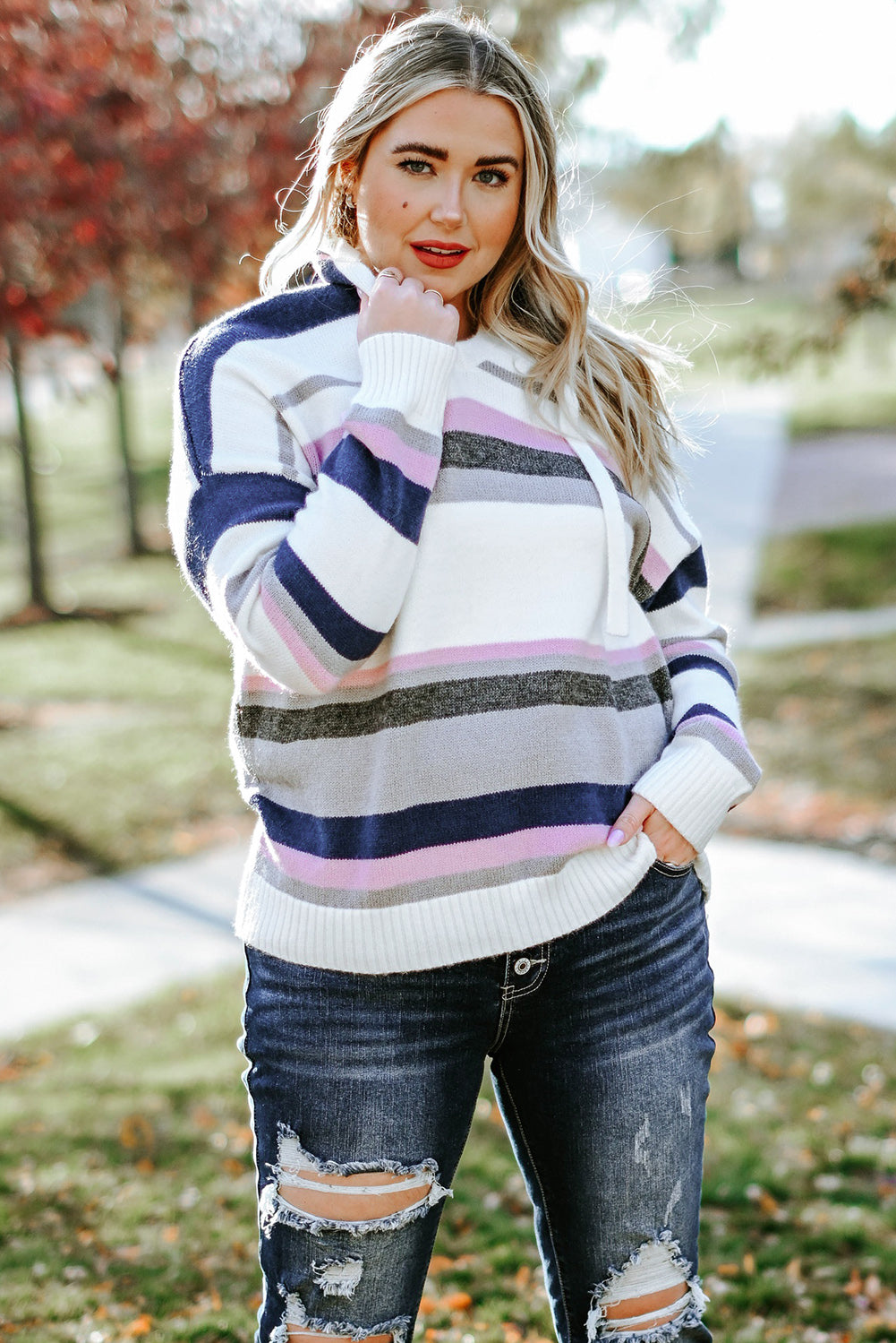 Plus Size Striped Long Sleeve Hooded Sweater