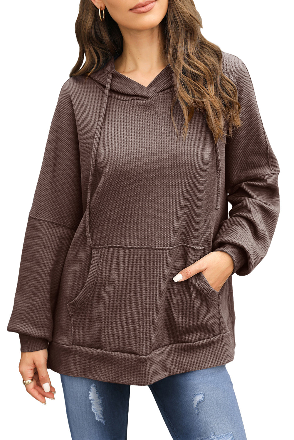 Black Waffle Knit High Low Oversized Hoodie