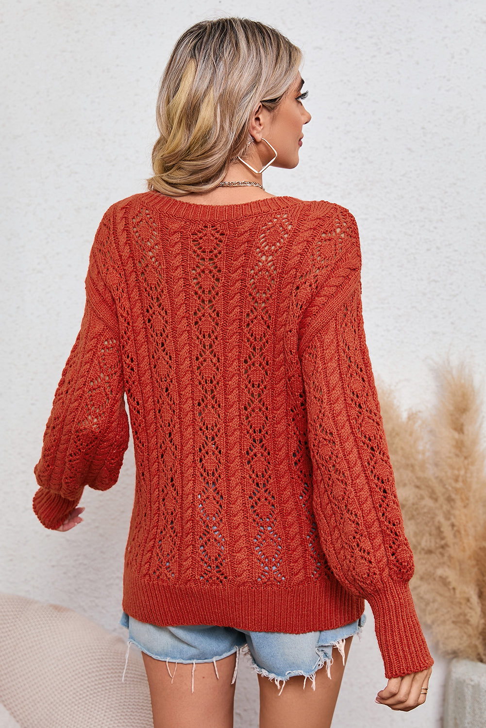 Orange Eyelet Lantern Sleeve Ribbed Trim Sweater