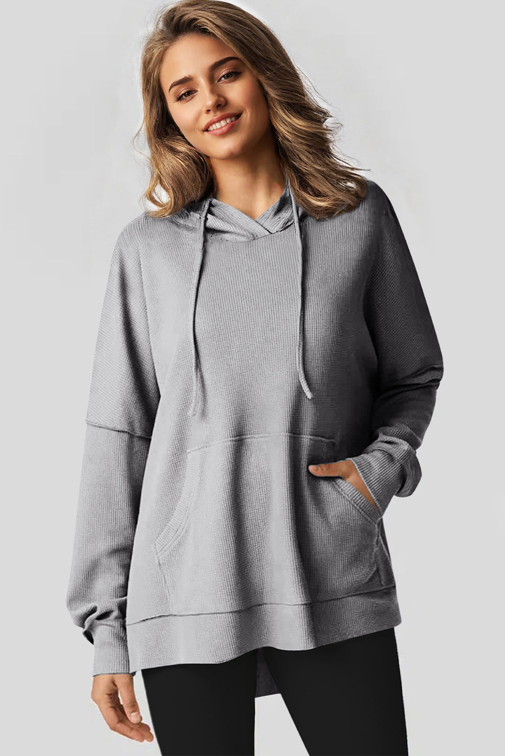 Black Waffle Knit High Low Oversized Hoodie