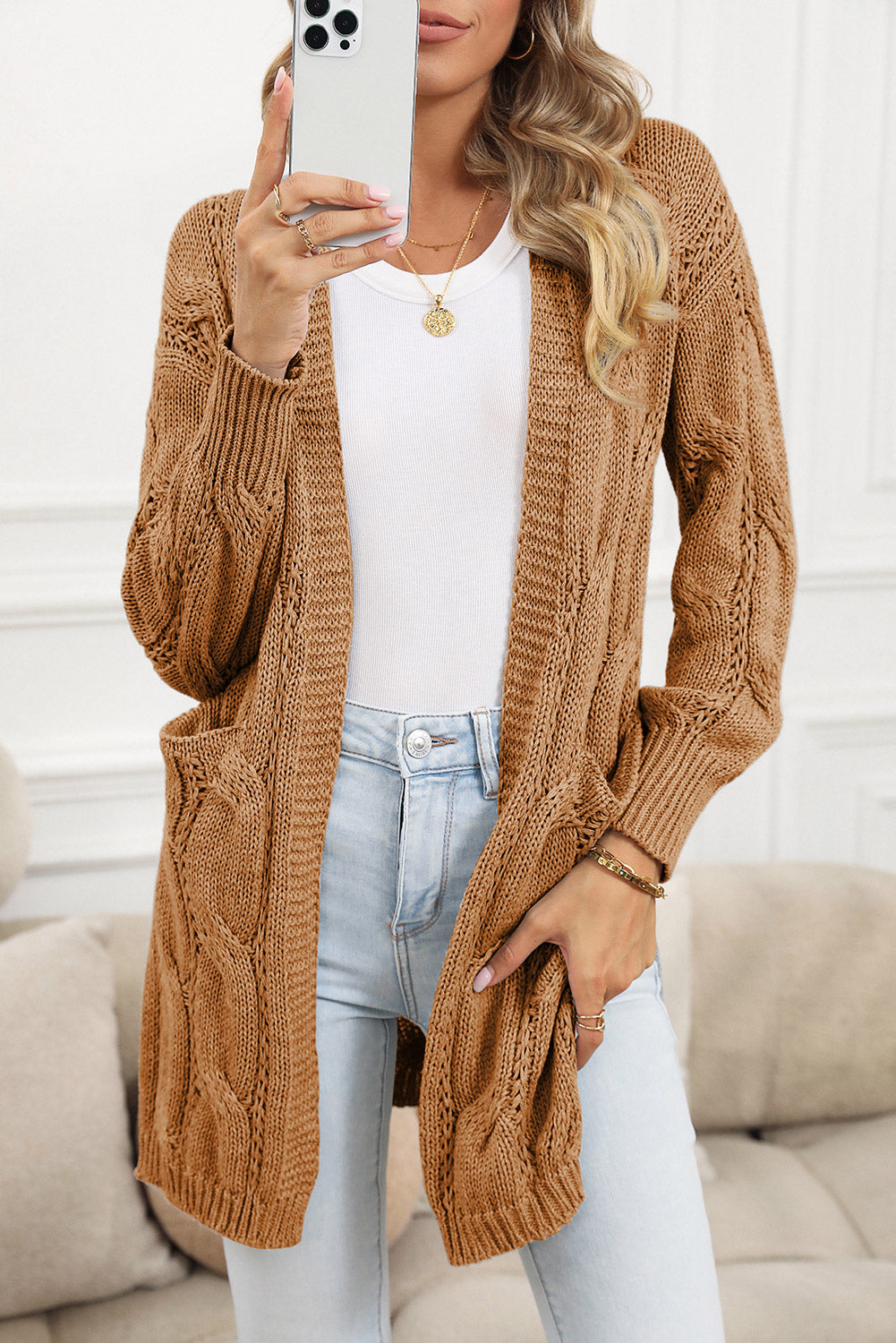 Apricot Ribbed Trim Hollow Knit Side Slits Cardigan