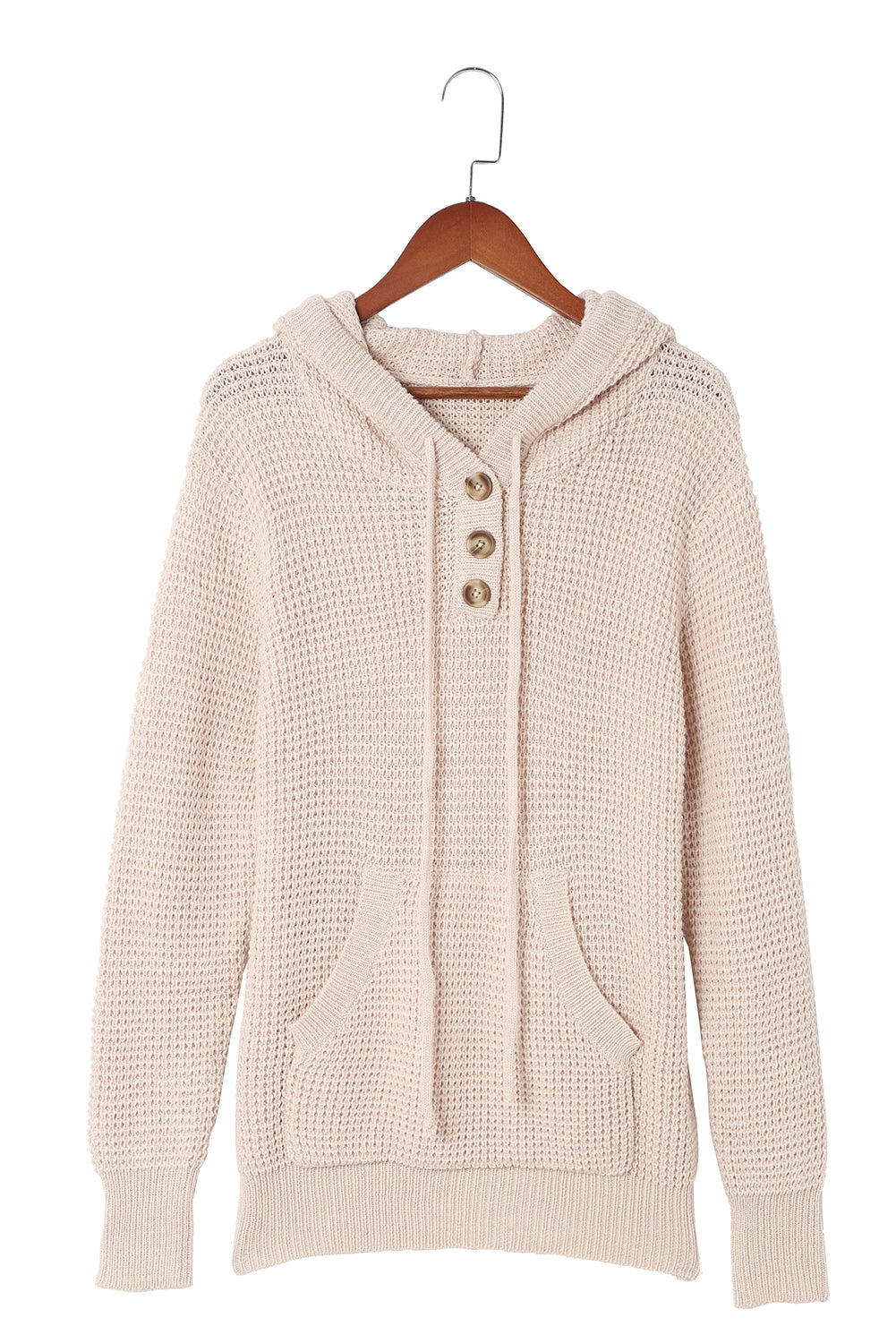 Apricot Buttons Pocket Cable Knit Hooded Sweater