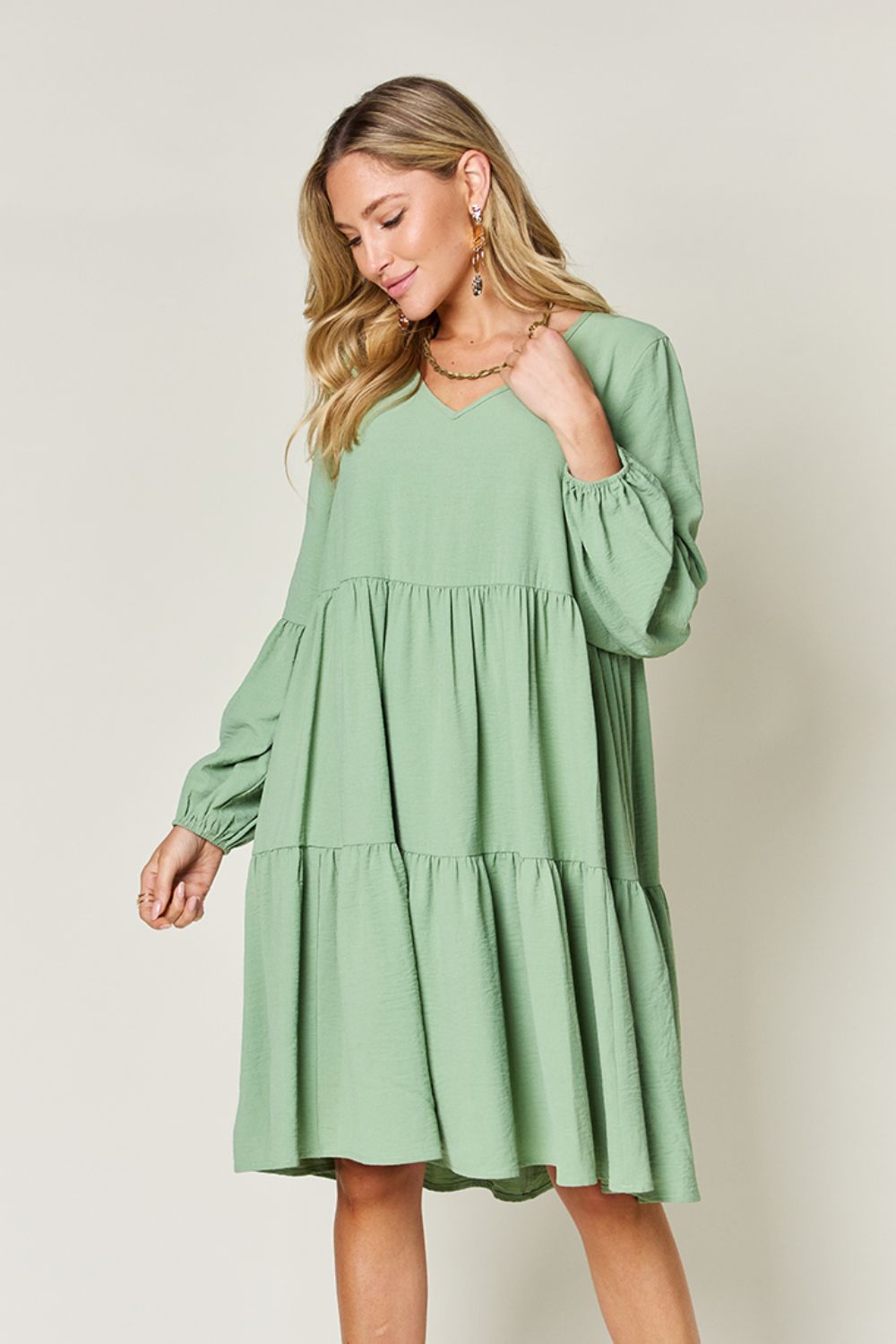 V-Neck Balloon Sleeve Tiered Dress