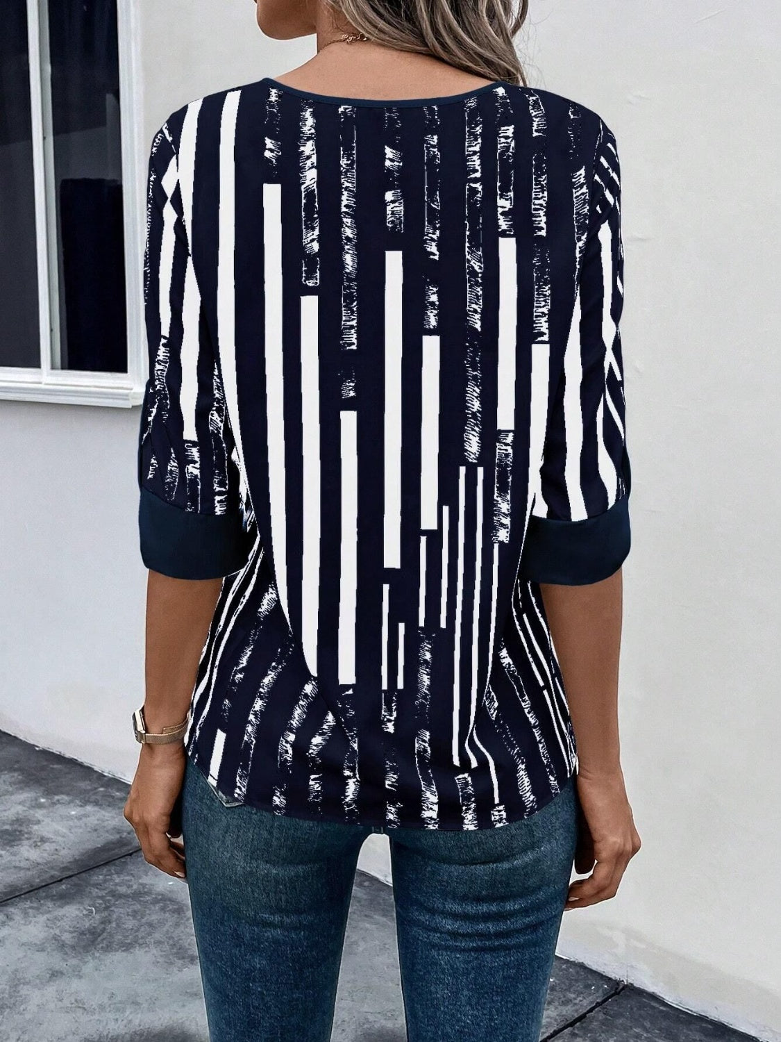 Striped Notched Half Sleeve Blouse