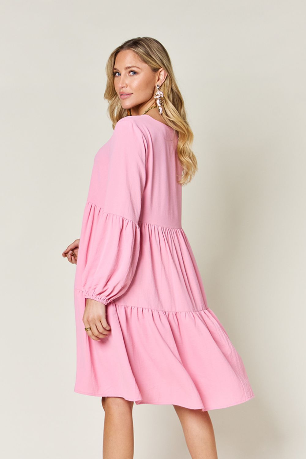 V-Neck Balloon Sleeve Tiered Dress