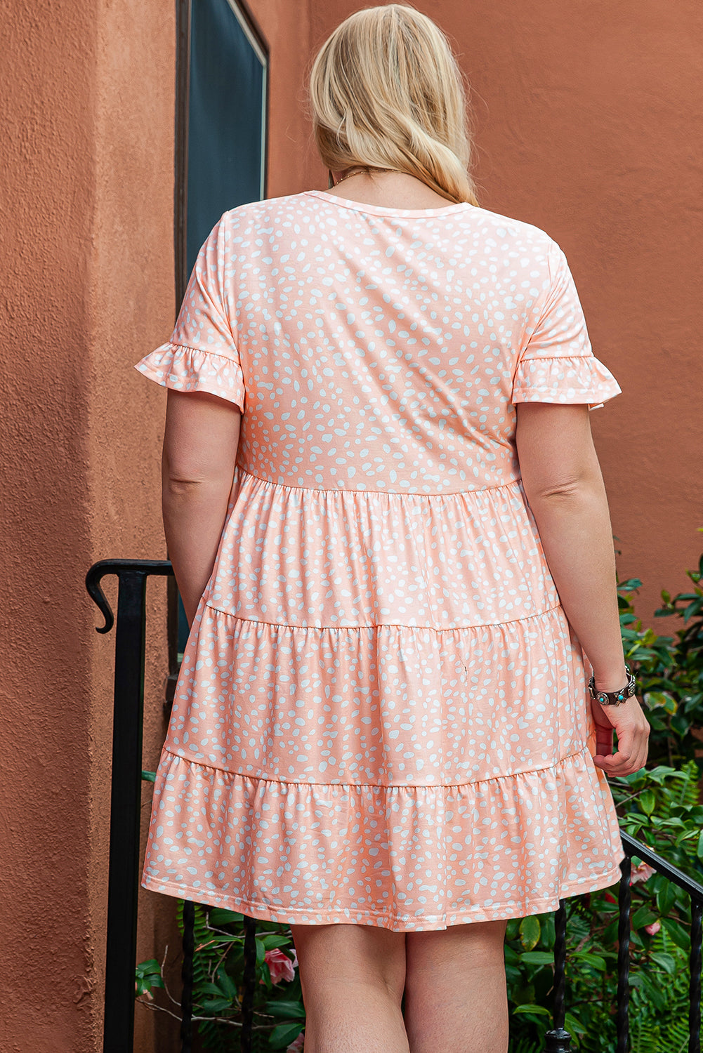 Pink Leopard Print High Waist Ruffle Sleeve Plus Size Dress