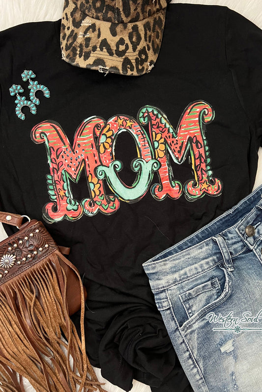 Black Floral MOM Graphic Crew Neck T Shirt