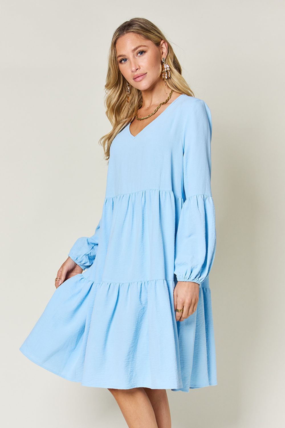 V-Neck Balloon Sleeve Tiered Dress