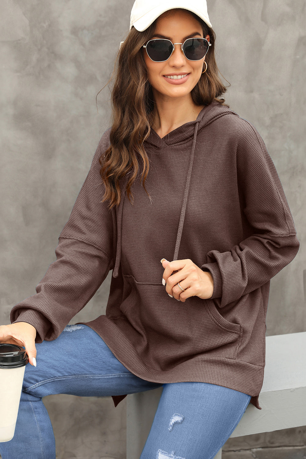 Black Waffle Knit High Low Oversized Hoodie