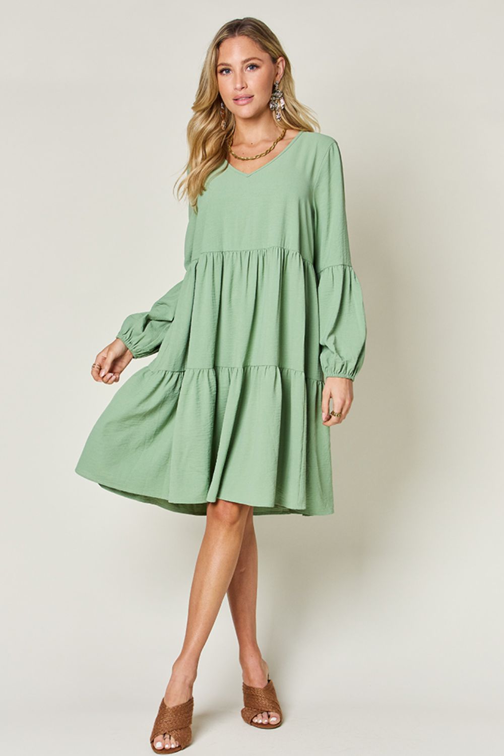 V-Neck Balloon Sleeve Tiered Dress