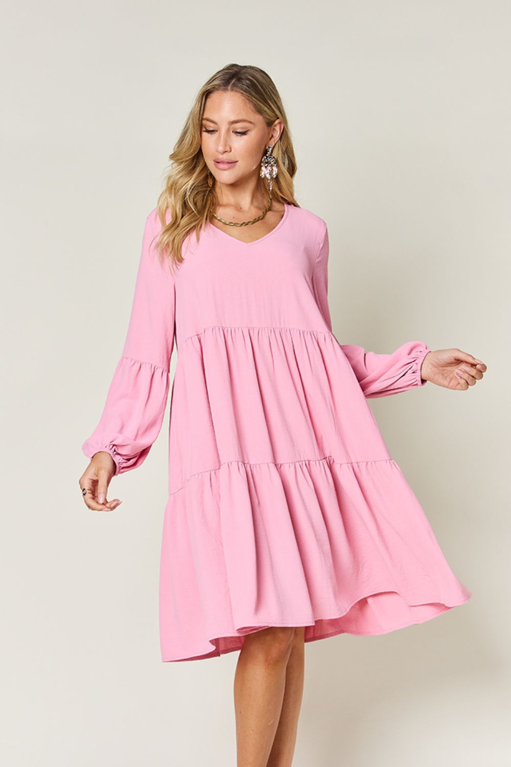 V-Neck Balloon Sleeve Tiered Dress