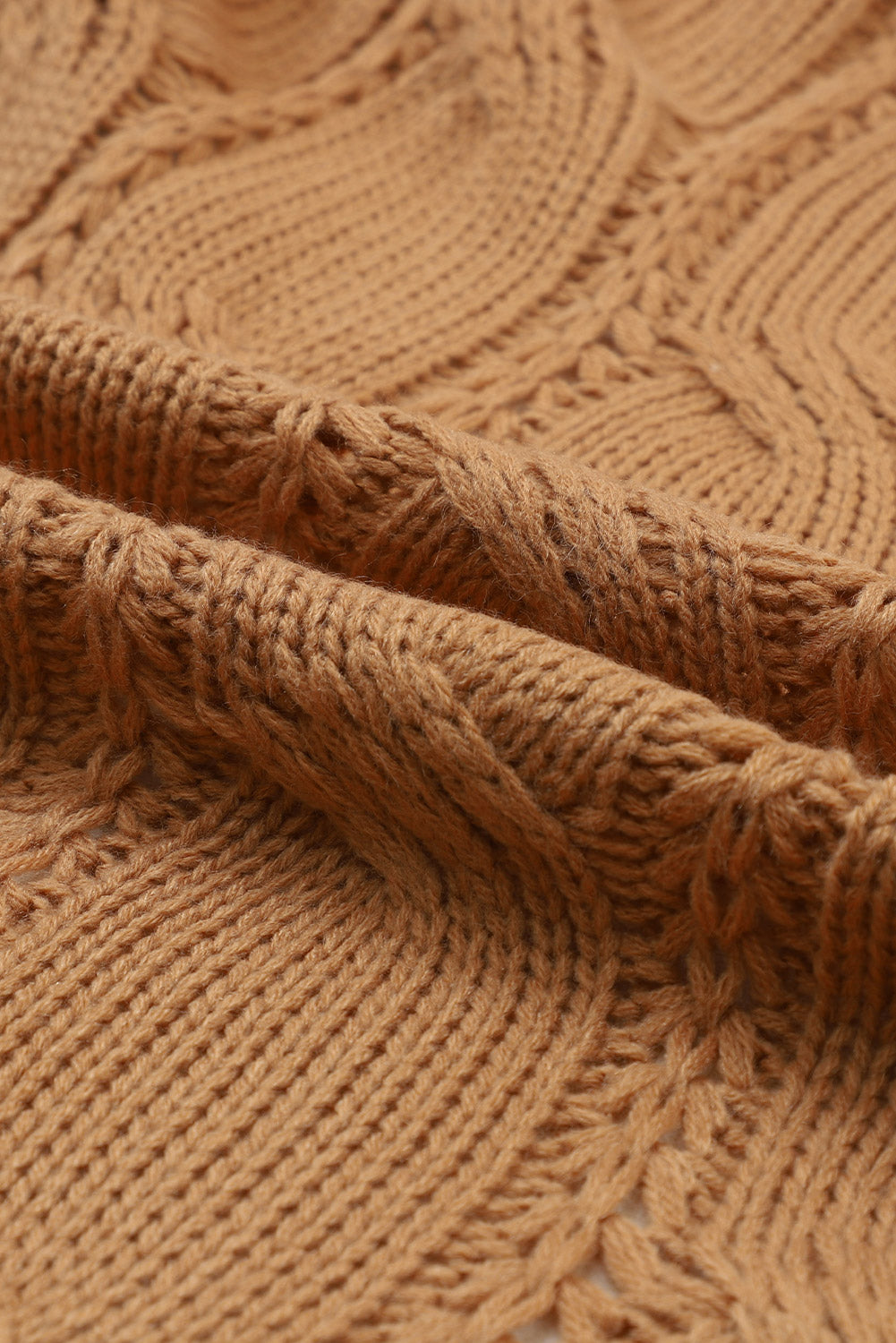 Apricot Ribbed Trim Hollow Knit Side Slits Cardigan