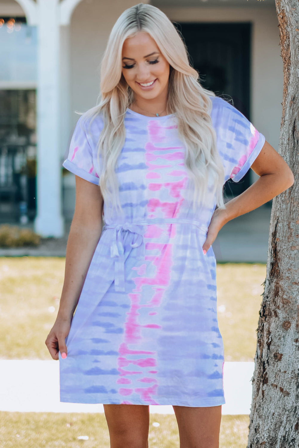 Women Tie-Dye Belted T-Shirt Dress