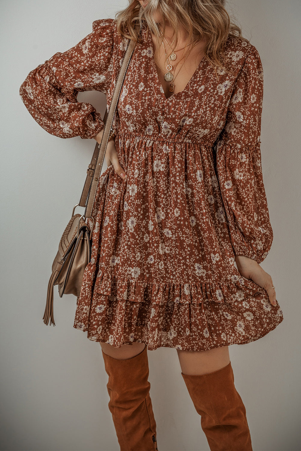 Brown Boho Floral Ruffle Puff Sleeve V Neck Mini Dress